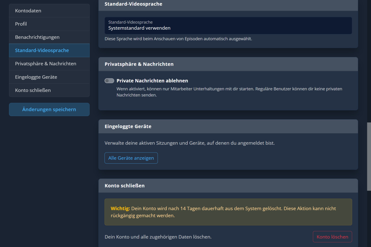 Kontoeinstellungen - Weitere Optionen